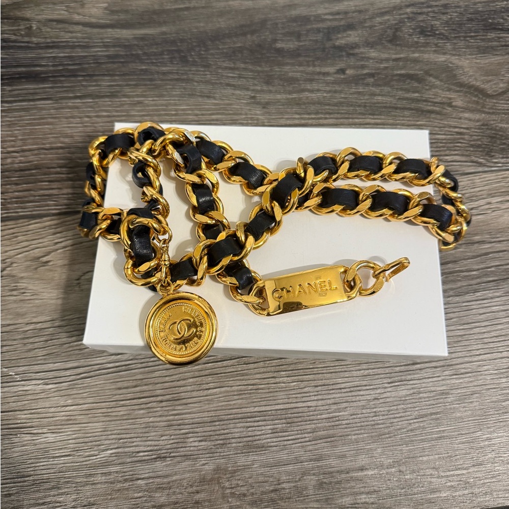 CHANEL Vintage Black Leather Gold Chain CC Coin "CHANEL" ID Tag Necklace/Belt